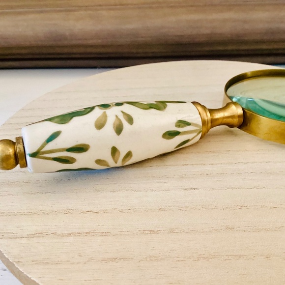 Brass Lupe Magnifying Glass Ceramic White Green Floral Handle 7.5” Elegant Gift - Picture 9 of 12